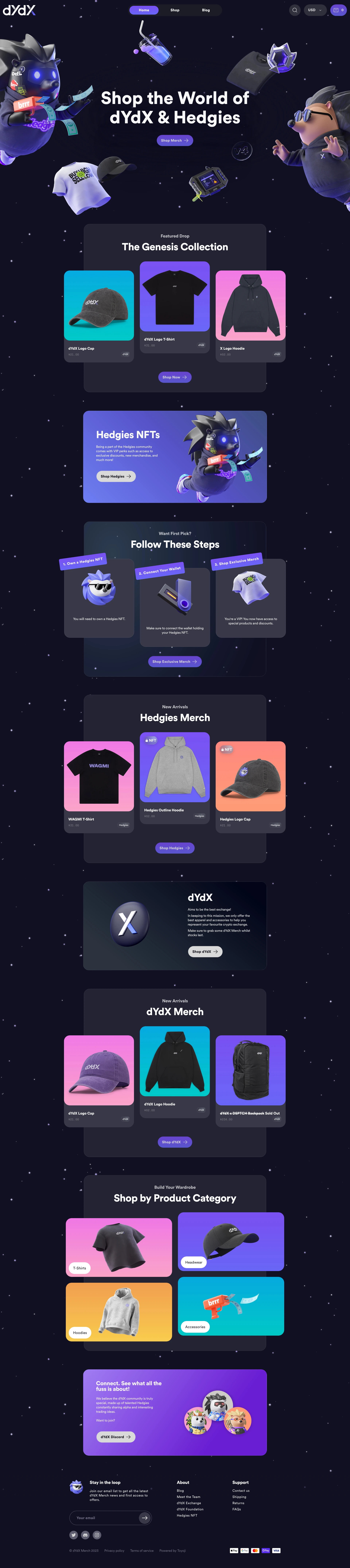 dYdX Merch Landing Page Example: Unleash your trading potential with high quality apparel, hats, and accessories from dYdX.