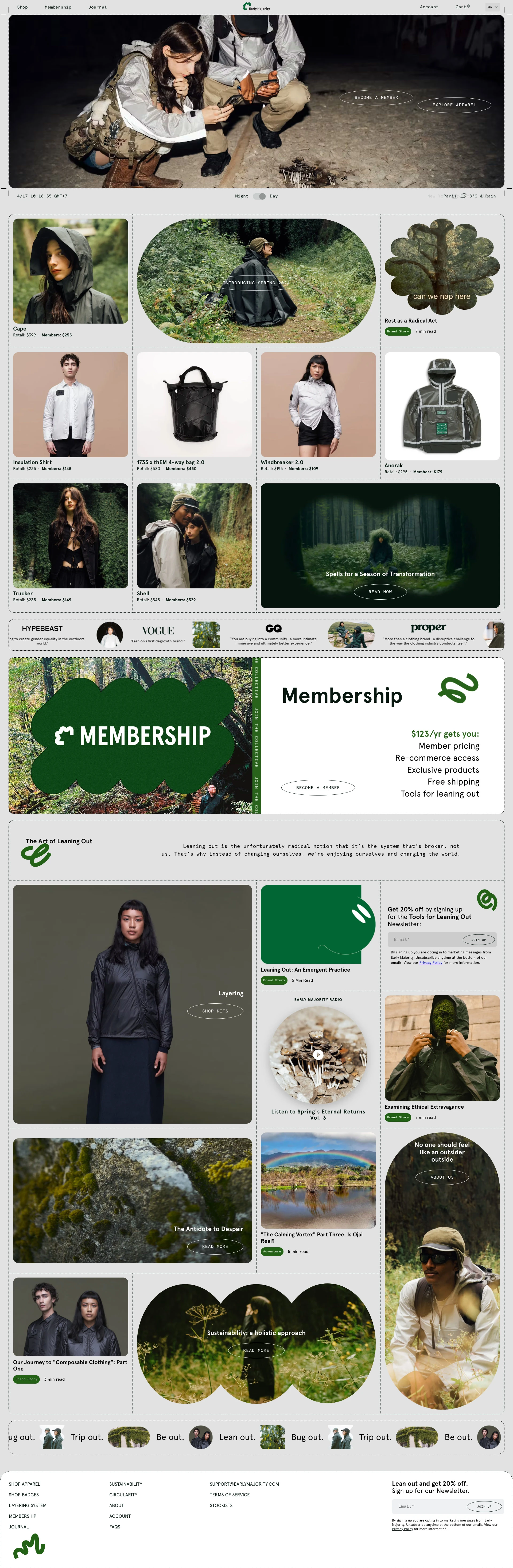 Early Majority Landing Page Example: Early Majority makes outdoor clothing for all eventualities. Our membership model reflects our commitment to systemic change and reduces environmental impact. Our community is based on sharing Tools for Leaning Out— resources and support for living a life fueled by art, adventure, and activism. Members have a voice in shaping our path as a company, which includes extending the life of your gear through circularity.