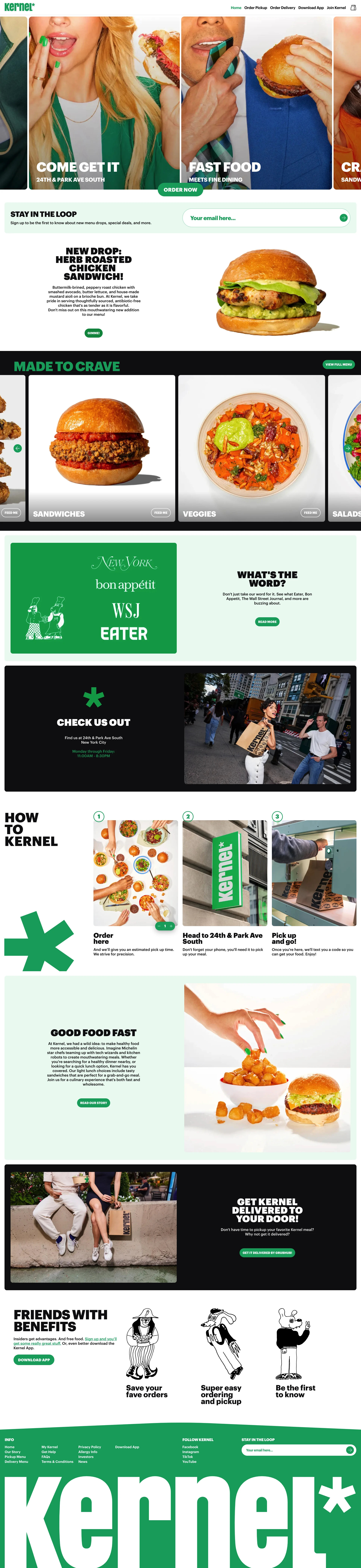 Kernel Landing Page Example: Quick and healthy salads, sandwiches, and grab-and-go meals in NYC. Enjoy light, vegan, and vegetarian options for lunch or dinner. Fast and fresh flavors.