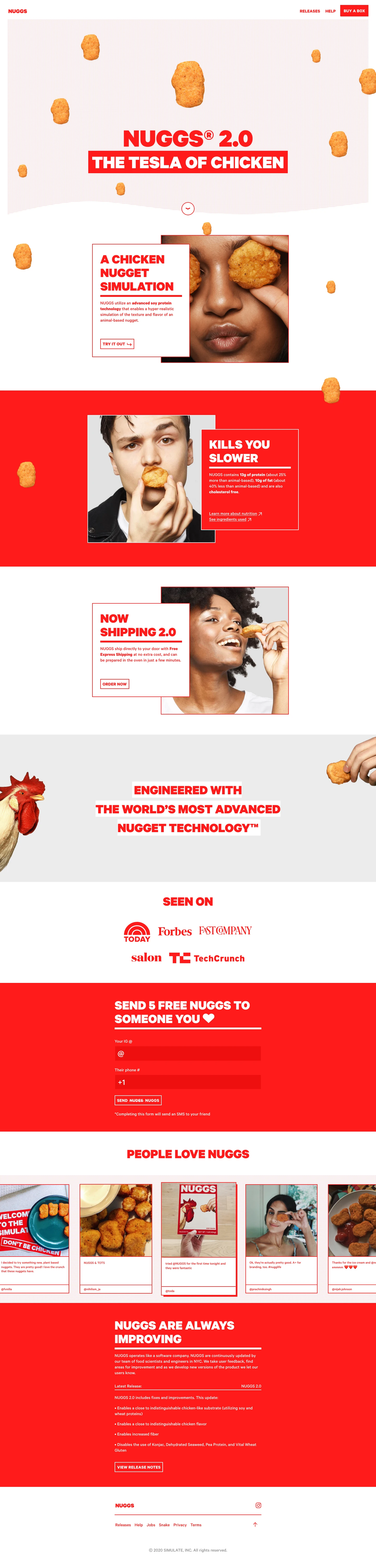 NUGGS Landing Page Example: NUGGS utilize an advanced soy protein technology that enables a hyper-realistic simulation of the texture and flavor of an animal-based nugget.