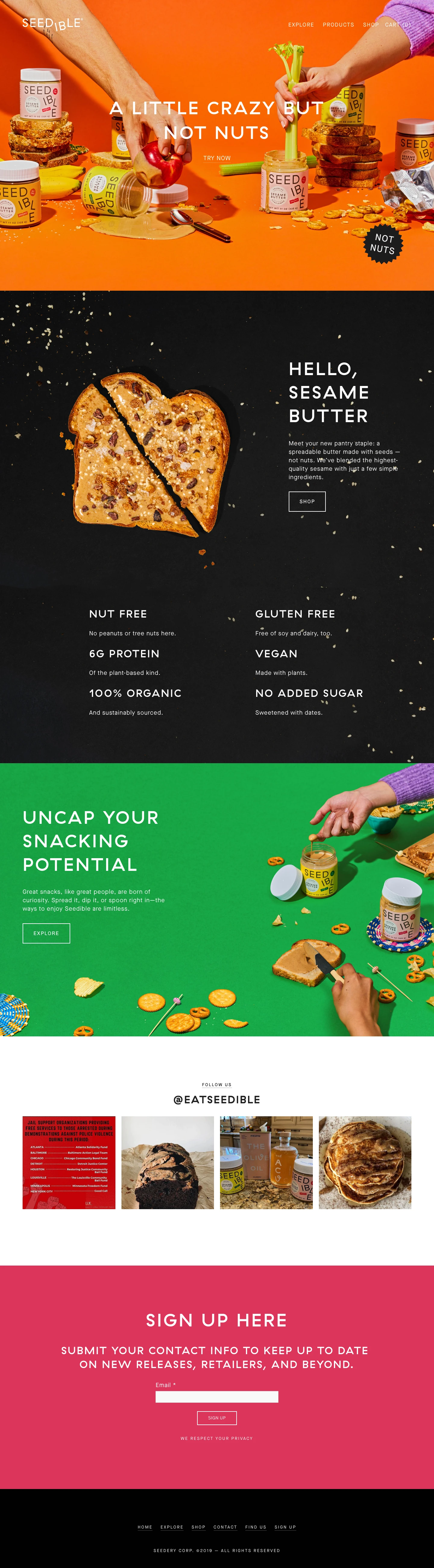 SEEDIBLE Landing Page Example: Meet your new pantry staple: a spreadable butter made with seeds — not nuts. We’ve blended the highest-quality sesame with just a few simple ingredients.
