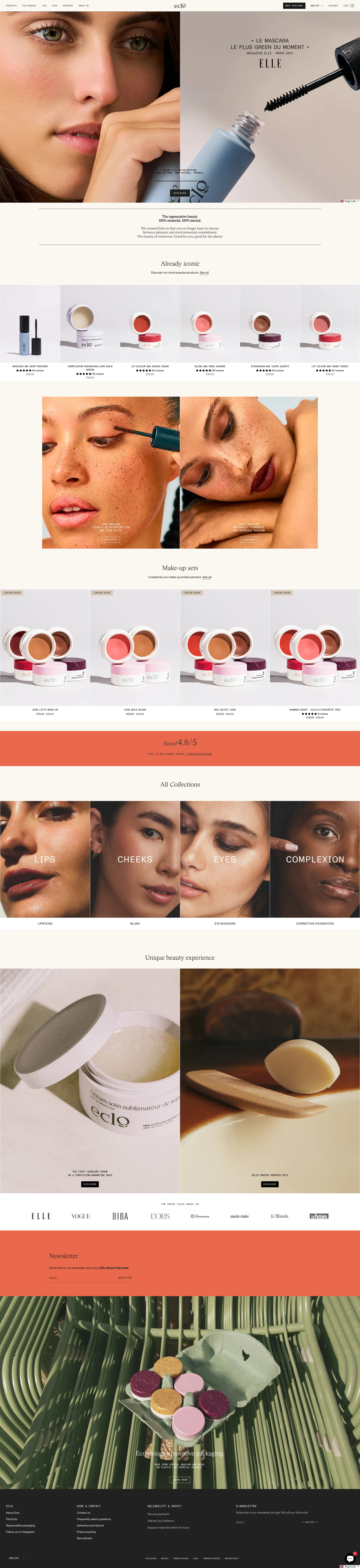 Eclo Beauty Landing Page Example: Eclo, sensorial, colorful, all-natural, ultra-clean and regenerative make-up for the planet. From formula to packaging. Made in France.