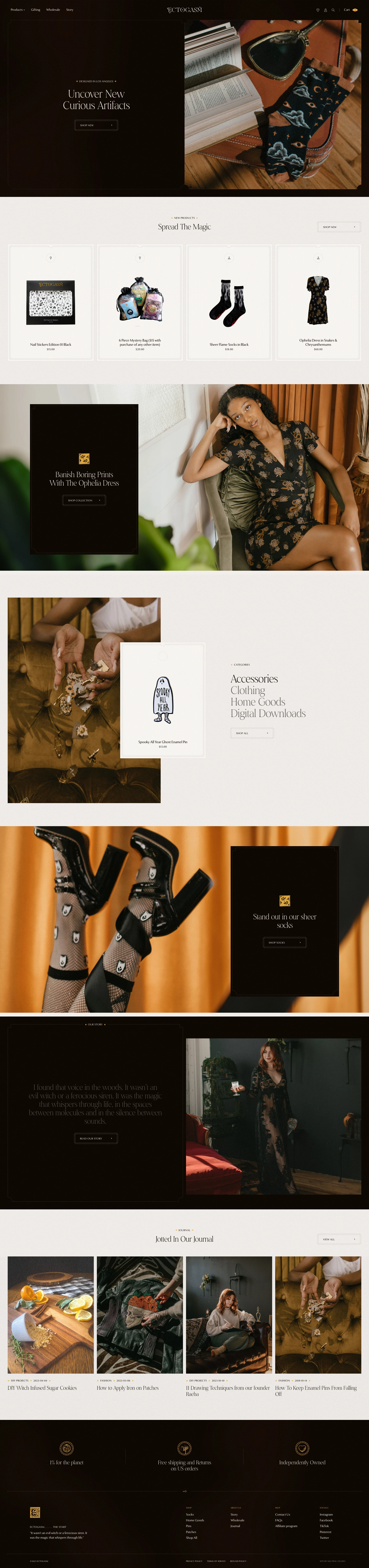 Ectogasm Landing Page Example: Fashion accessories & clothing from indie designer Ectogasm. Based in Los Angeles. Catering to niche aesthetics, including alternative, goth, & witchy style.