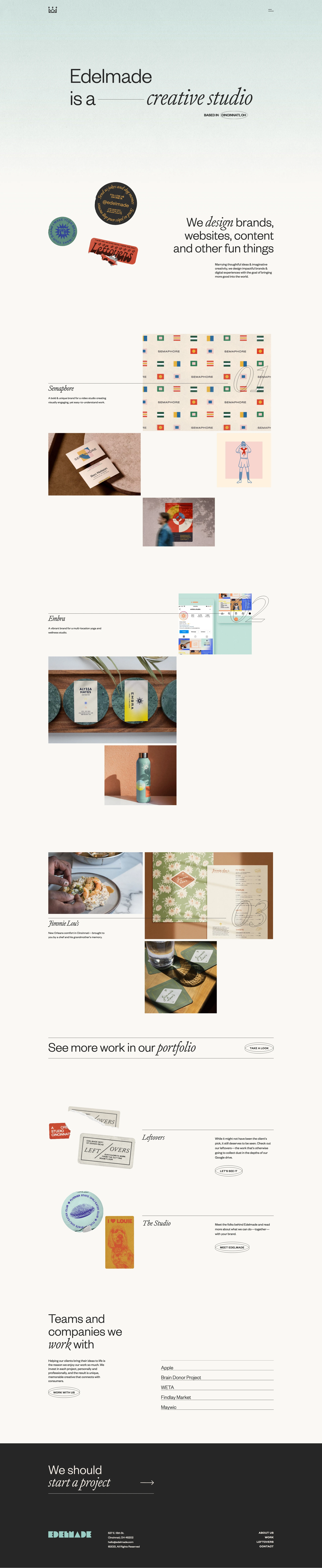 Edelmade Landing Page Example: Marrying thoughtful ideas & imaginative creativity, we design impactful brands & digital experiences with the goal of bringing more good into the world.