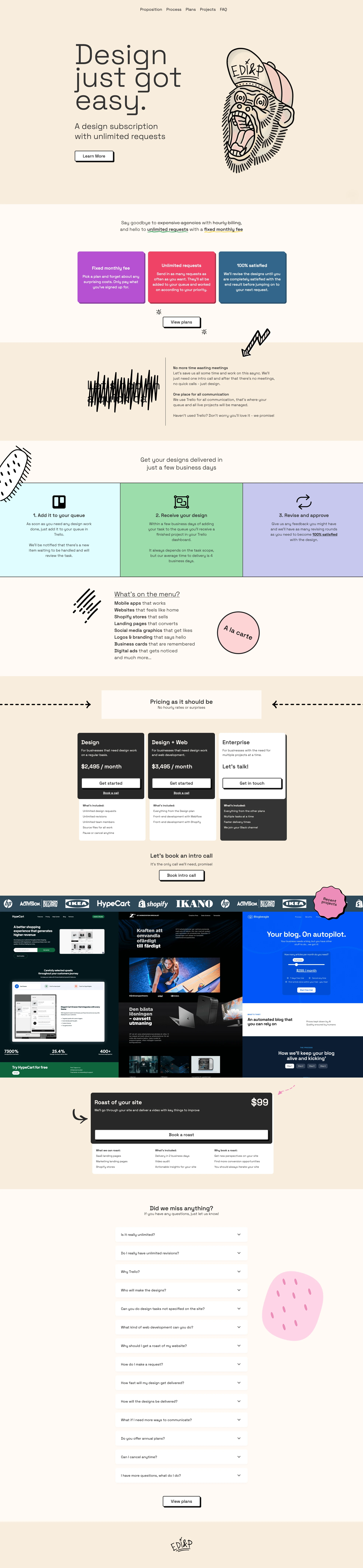 Edi & P Landing Page Example: Design just got easy. A design subscription with unlimited requests.