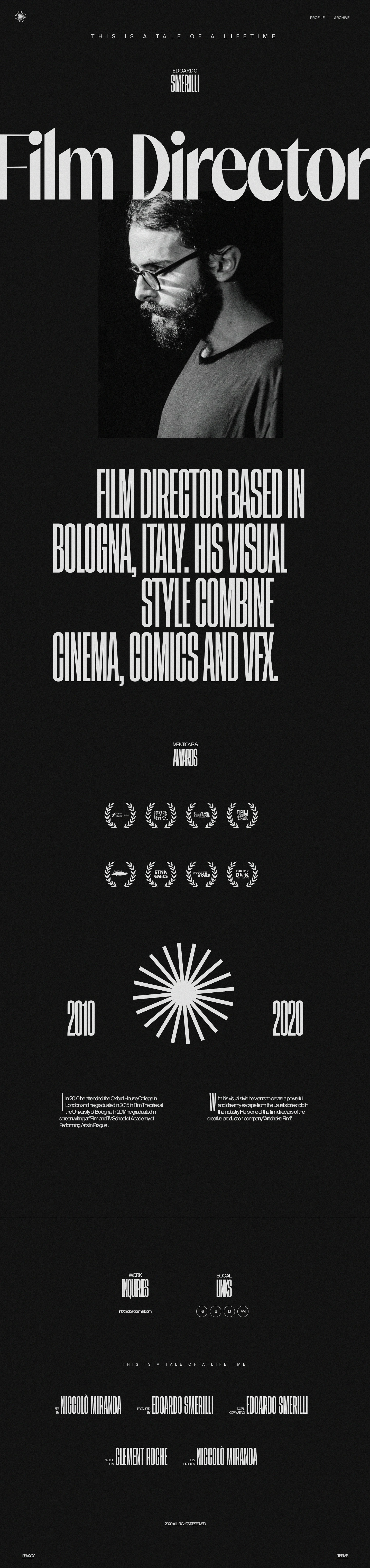 Edoardo Smerilli Landing Page Example: Edoardo Smerilli is a film director based in Bologna, Italy. As multidisciplinary director, he combine cinema, comics, VFX and CGI.