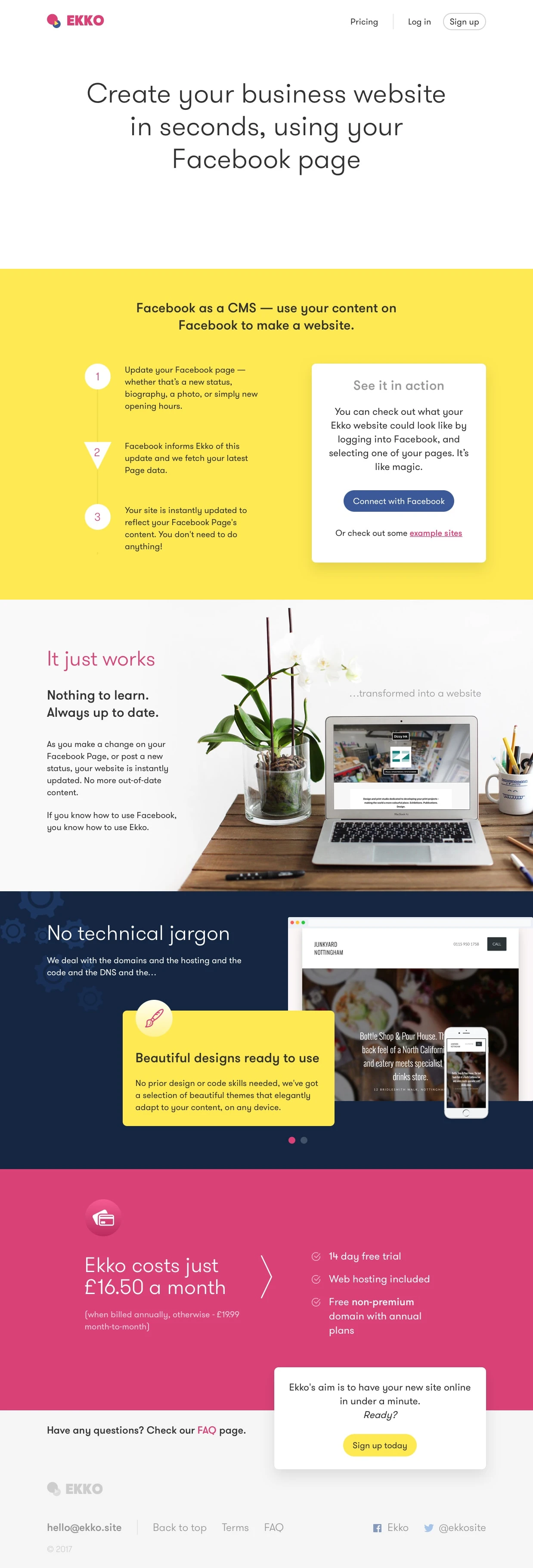 Ekko Landing Page Example: Create your business website in seconds, using your Facebook page