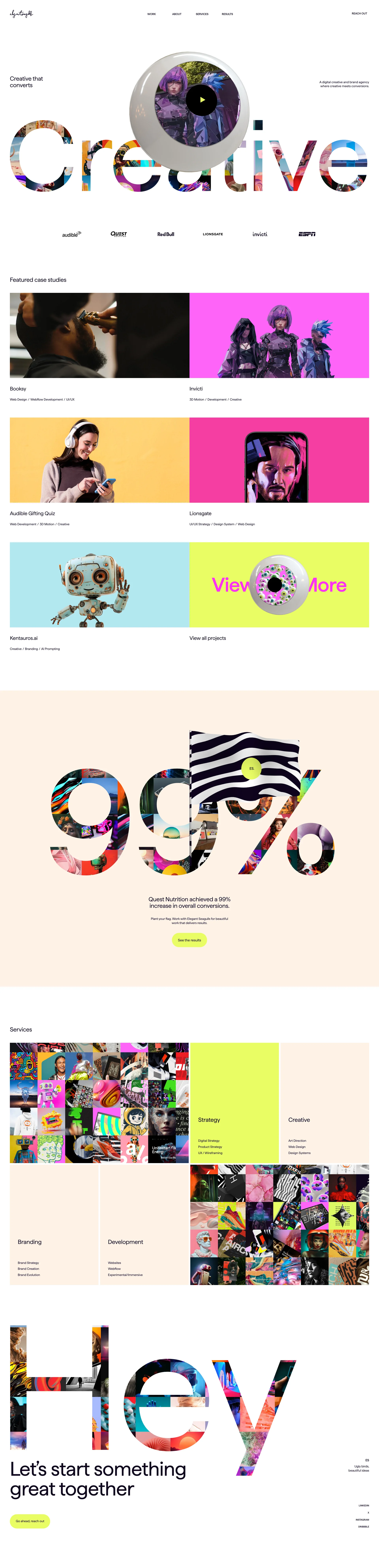 Elegant Seagulls Landing Page Example: A digital creative and brand agency where creative meets conversions. A digital creative and brand agency trusted by Audible, Redbull, & other enterprise scale organizations to deliver creative that converts.