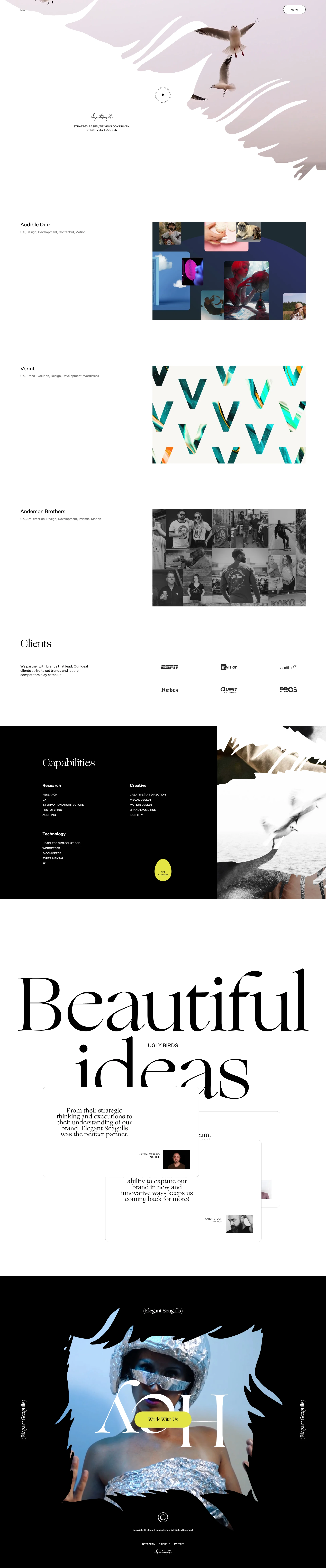 Elegant Seagulls Landing Page Example: We create award winning digital experiences by injecting storytelling into our ui, ux, e-commerce, and product design.