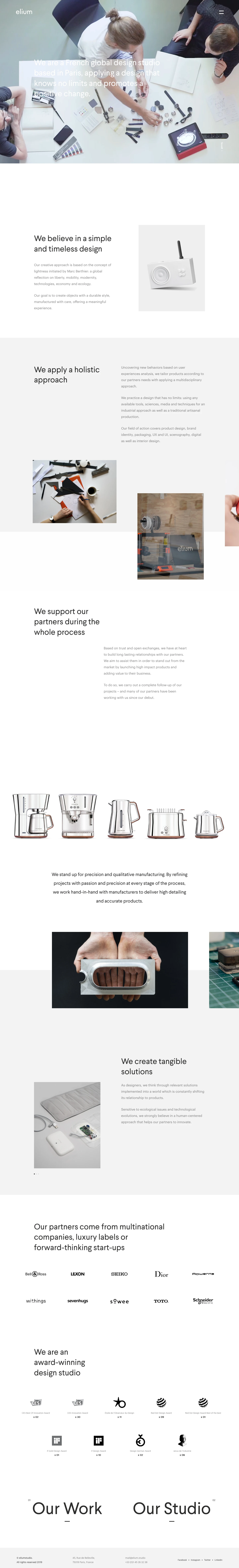 elium Landing Page Example: We are a French global design studio based in Paris, applying a design that knows no limits and promotes a positive change.