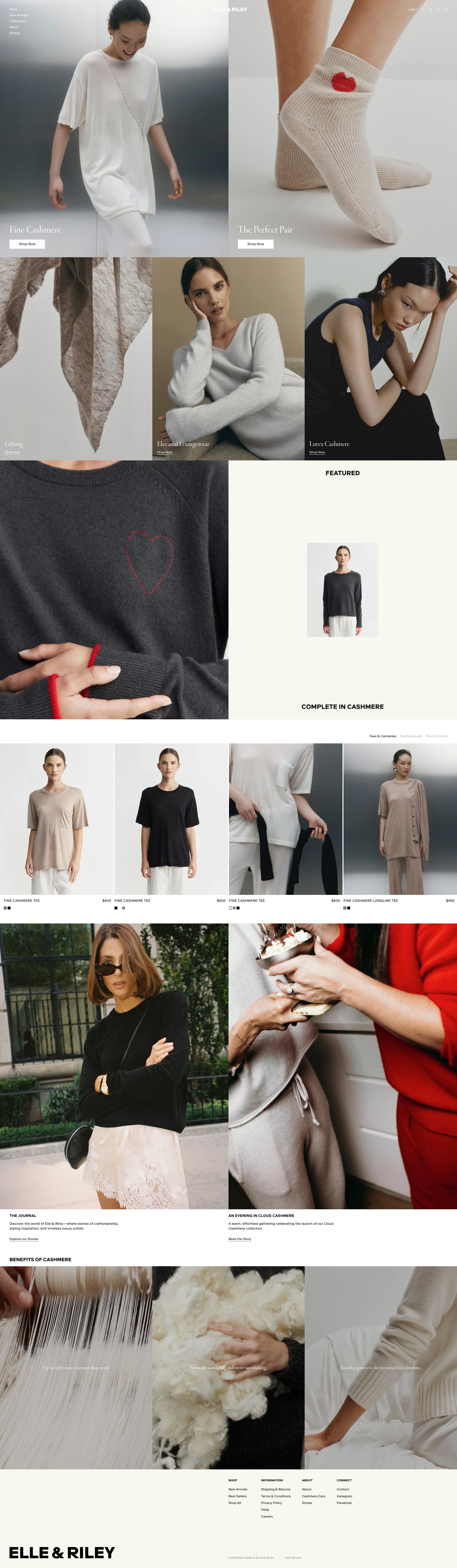 Elle & Riley Landing Page Example: Discover Elle & Riley: refined, sensorial, 100% A-grade cashmere. Designed in New Zealand, made to last—luxury knitwear for life’s most elegant moments.