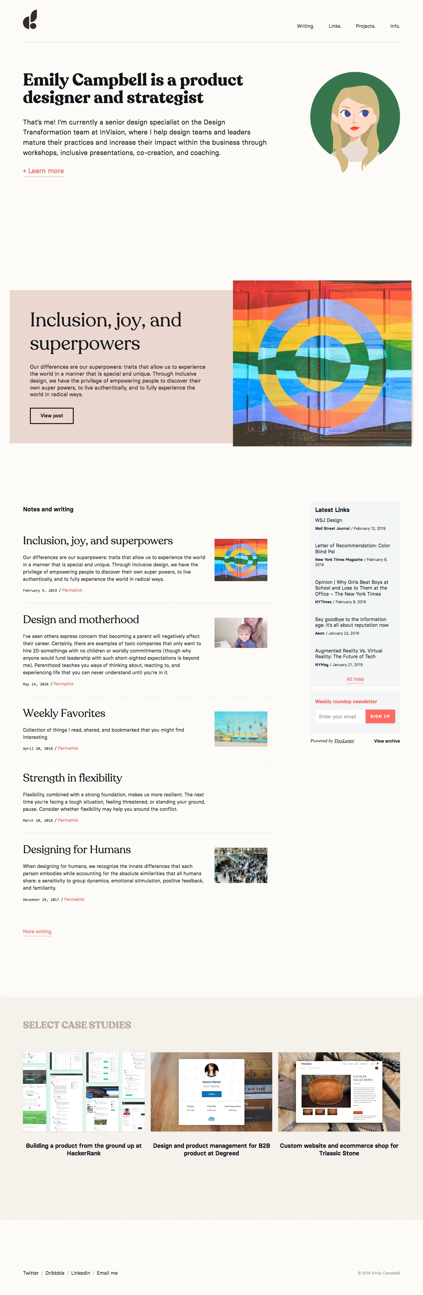 Emily Campbell Landing Page Example: I’m currently a senior design specialist on the Design Transformation team at InVision, where I help design teams and leaders mature their practices and increase their impact within the business through workshops, inclusive presentations, co-creation, and coaching