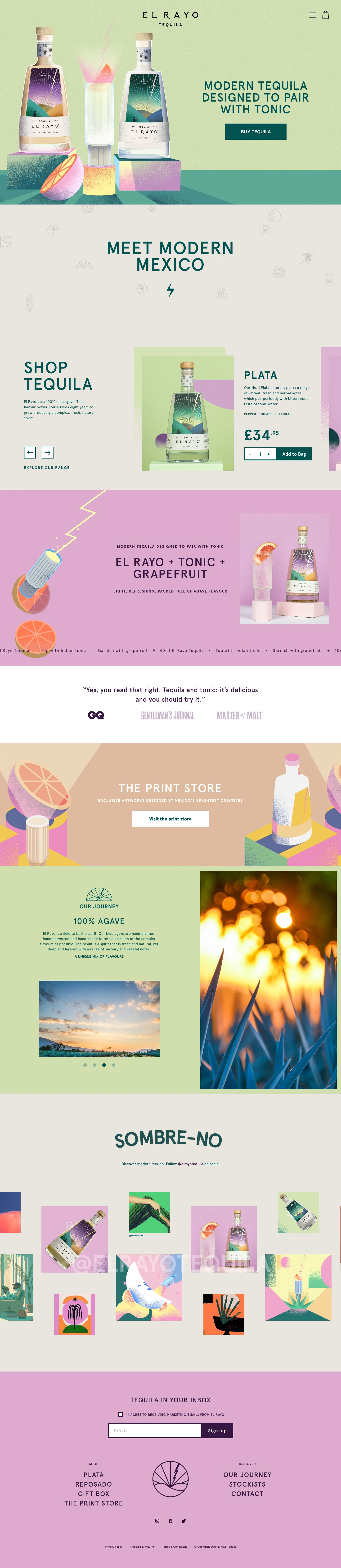 El Rayo Tequila Landing Page Example: Modern tequila designed to pair with tonic. 100% agave tequila, inspired by the vibrancy of modern Mexico.