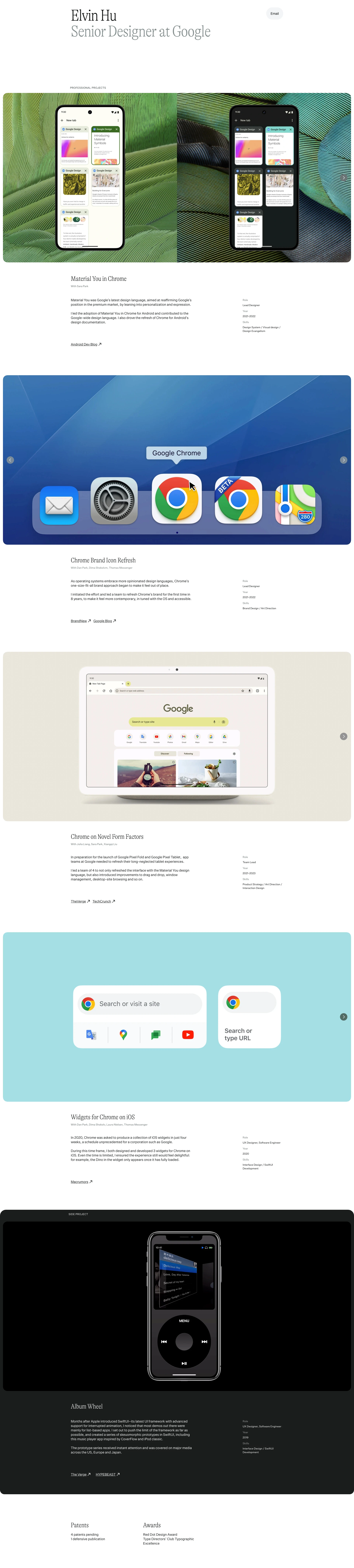 Elvin Hu Landing Page Example: Senior Designer at Google.