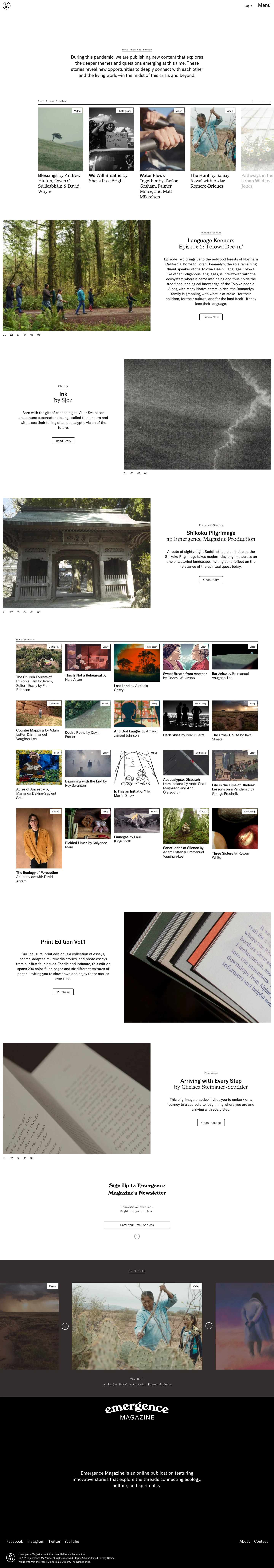 Emergence Magazine Landing Page Example: Emergence Magazine is a quarterly online publication featuring innovative stories that explore the threads connecting ecology, culture, and spirituality.