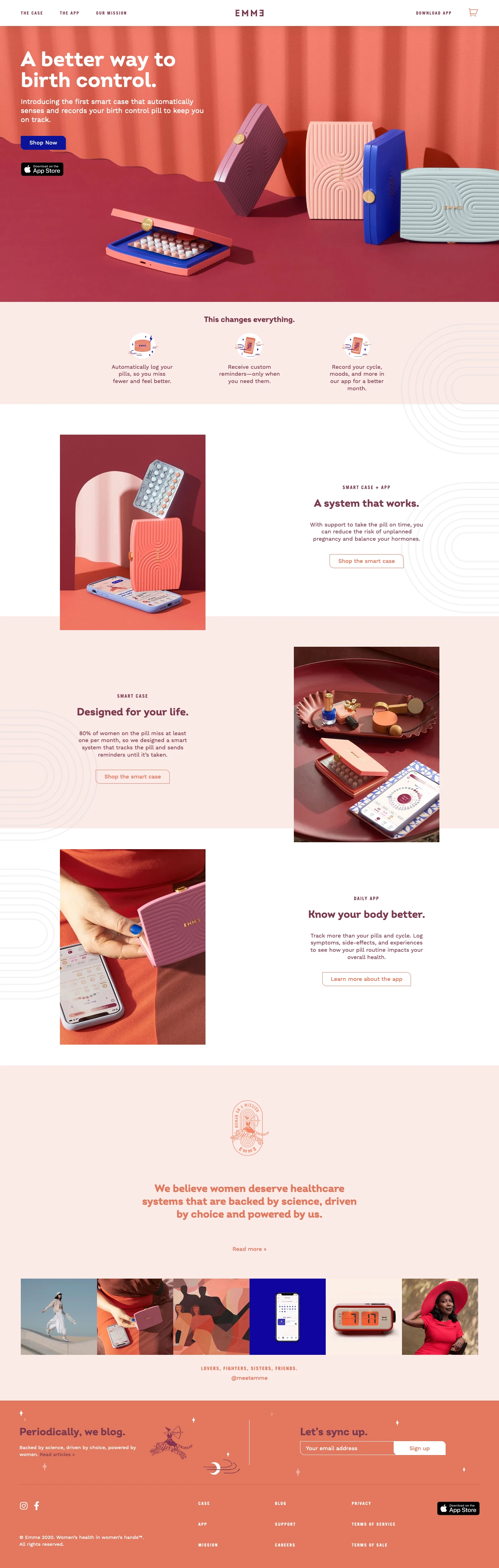 Emme Landing Page Example: Miss fewer birth control pills. Emme offers an easy system where you can track your pills, cycle, and hormone health.