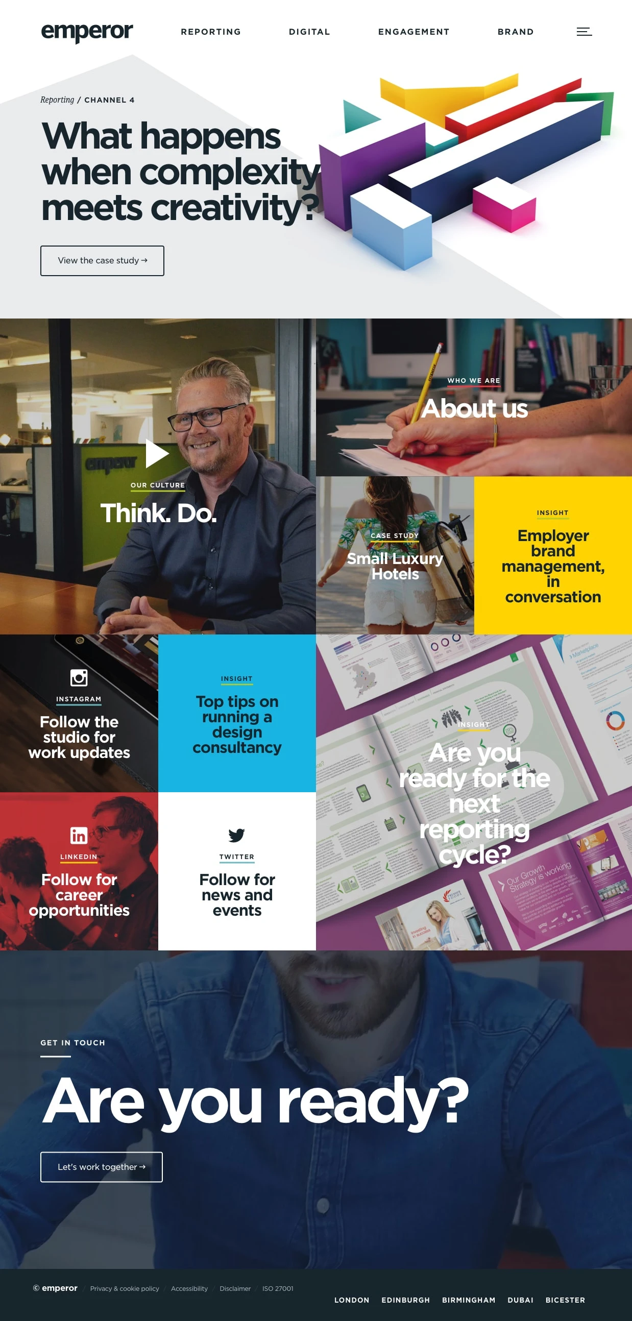 Emperor Landing Page Example: An independently owned creative consultancy specialising in creative reporting, digital, engagement and brand communications.