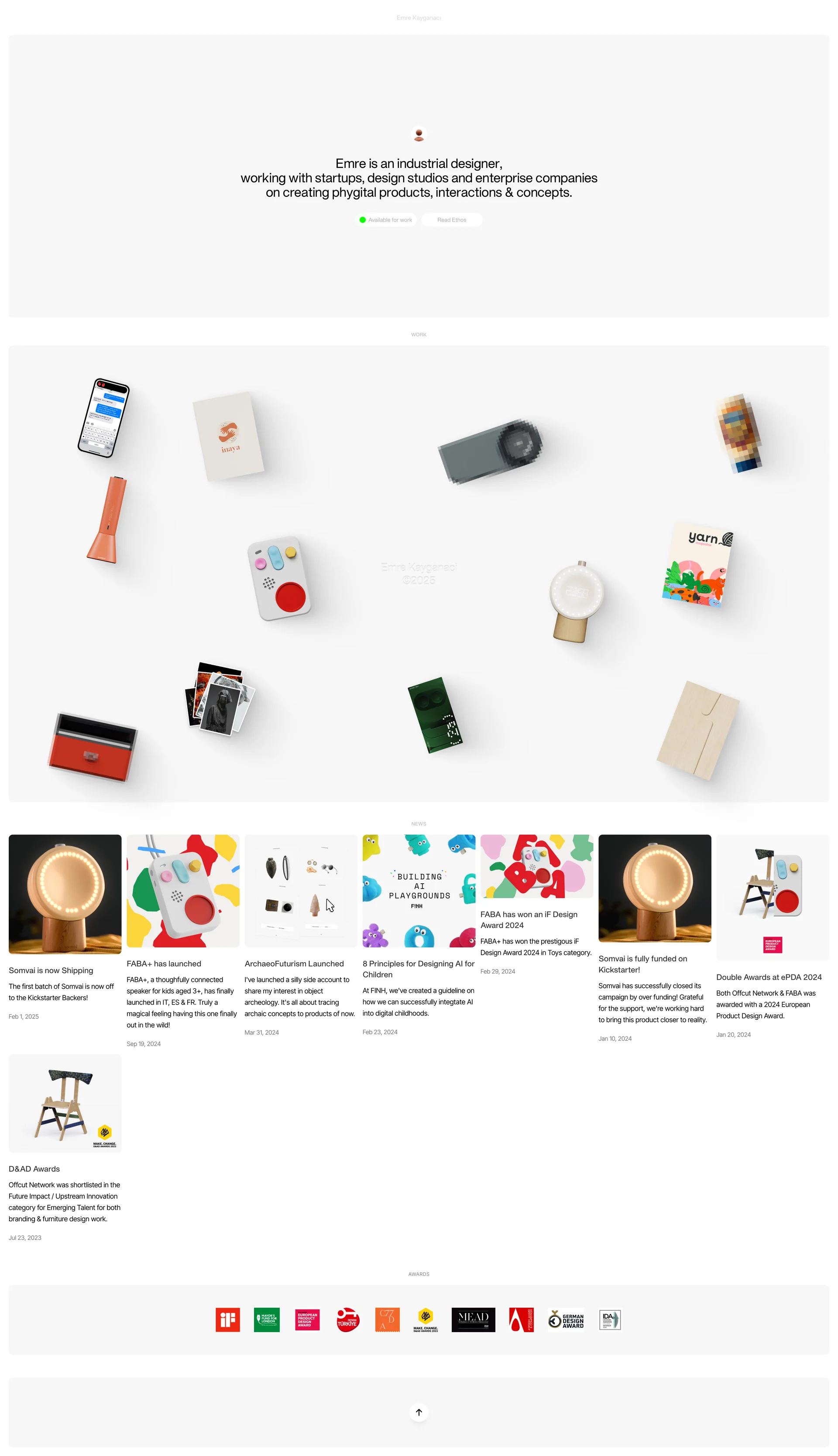 Emre Kayganaci Landing Page Example: Emre is an industrial designer, working with startups, design studios and enterprise companies on creating phygital products, interactions & concepts.