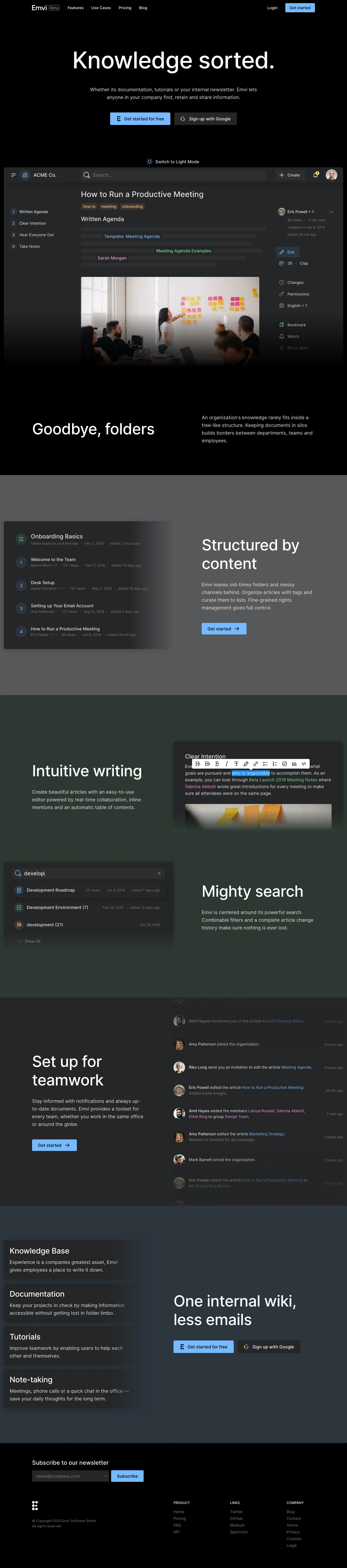 Emvi Landing Page Example: Knowledge sorted. Whether its documentation, tutorials or your internal newsletter. Emvi lets anyone in your company find, retain and share information.