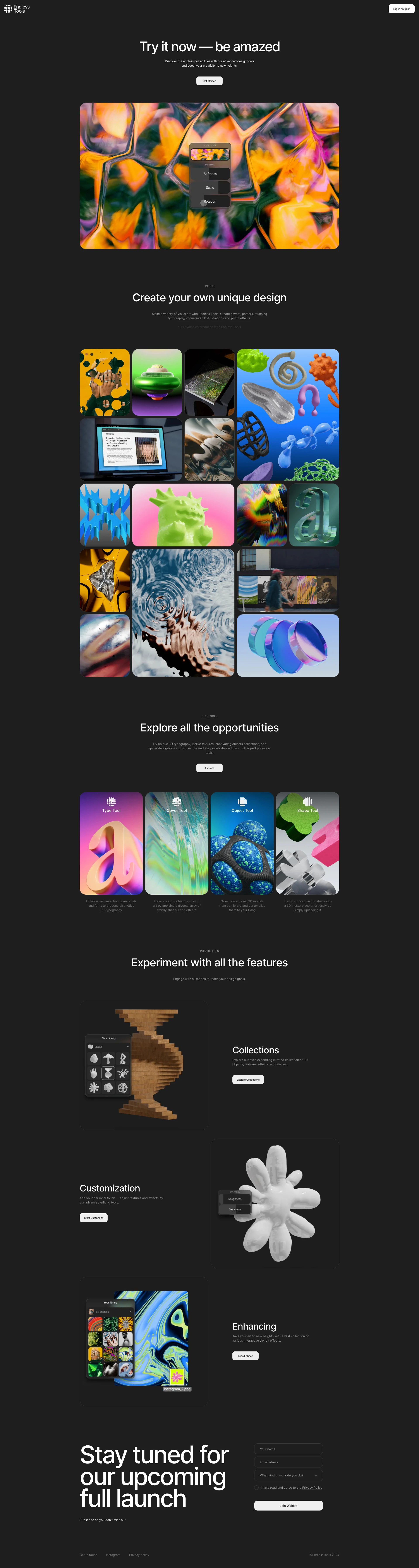Endless Tools Landing Page Example: No-coding tool to create 3D assets, key visual for social media, identity elements and other marketing and design needs.