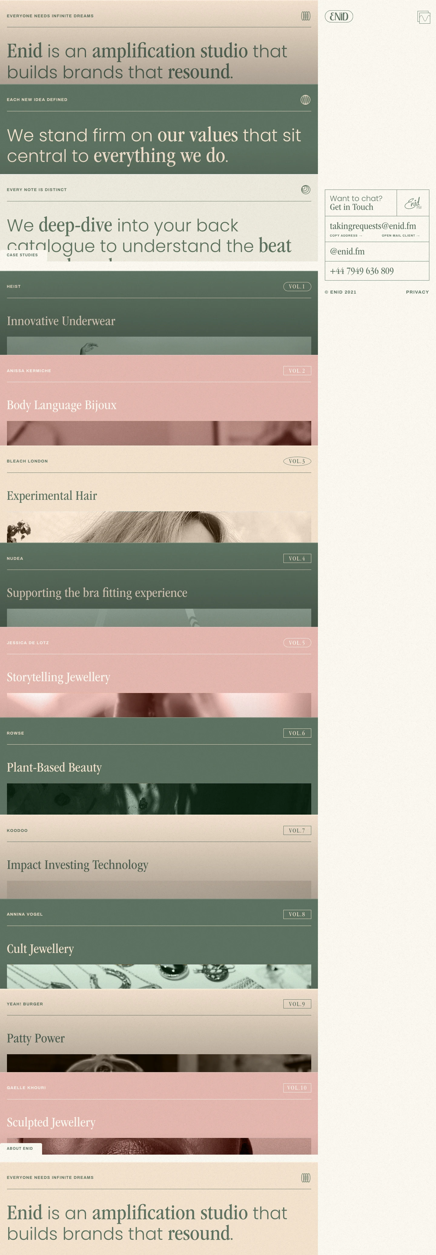 Enid.fm Landing Page Example: Enid is an amplification studio that builds brands that resound.