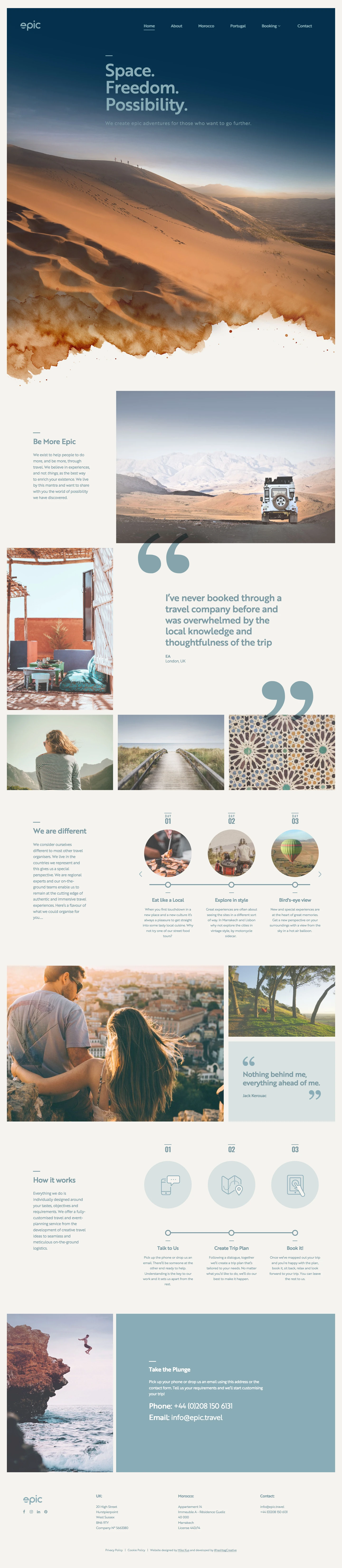 Epic Travel Landing Page Example: Space. Freedom. Possibility. We create epic adventures for those who want to go further. Be More Epic We exist to help people to do more, and be more, through travel. We believe in experiences, and not things, as the best way to enrich your existence. We live by this mantra and want to share with …