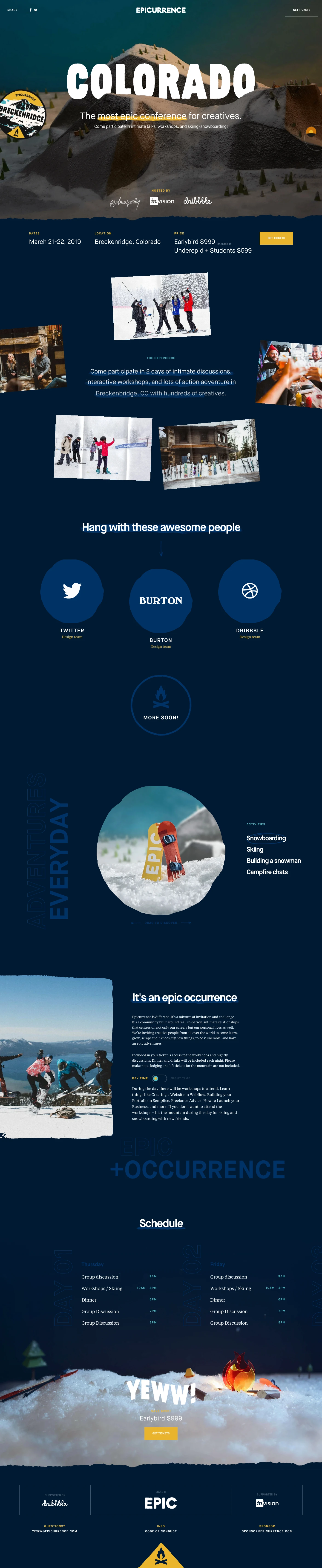 Epicurrence Landing Page Example: Come participate in 2 days of intimate discussions, interactive workshops, and lots of action adventure in Breckenbridge, CO with hundreds of creatives.