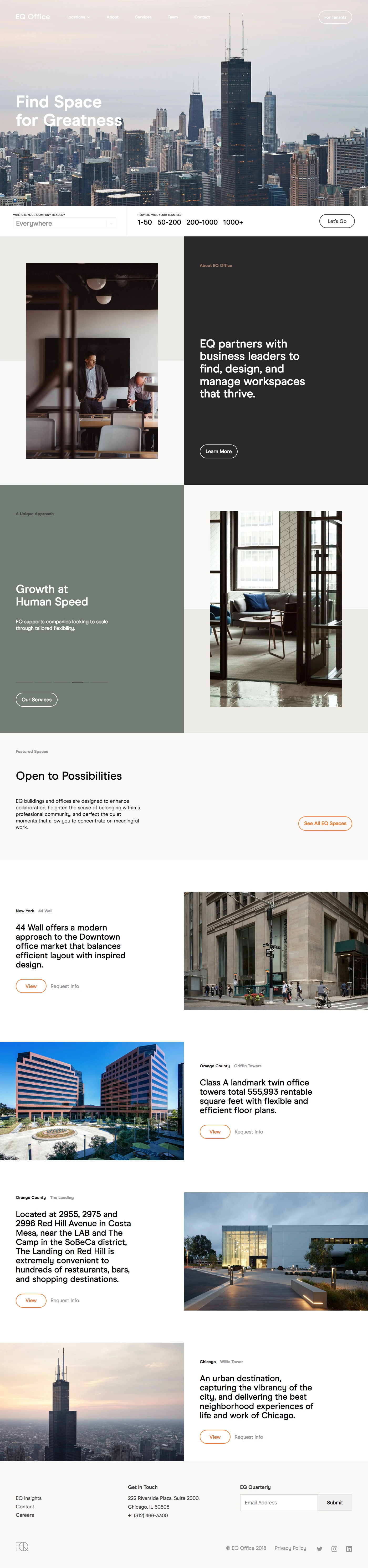 EQ Office Landing Page Example: EQ Office partners with business leaders to find, design, and manage workspaces that thrive and push the boundaries of commercial real estate.