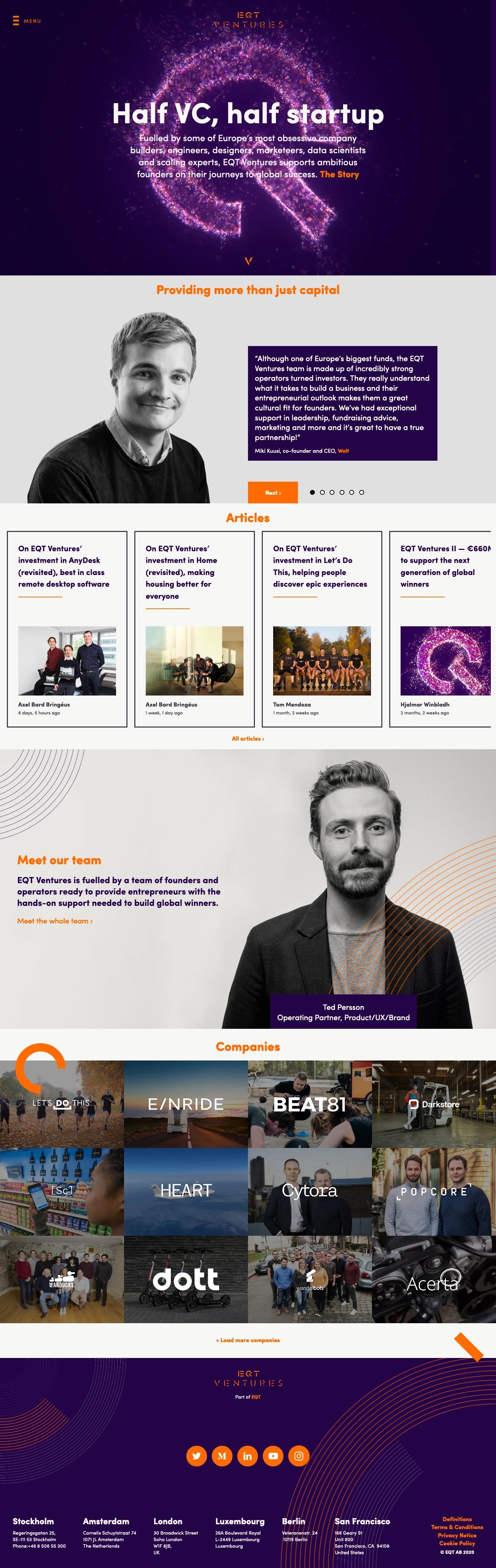 EQT Ventures Landing Page Example: Fuelled by some of Europe’s most obsessive company builders, engineers, designers, marketeers, data scientists and scaling experts, EQT Ventures supports ambitious founders on their journeys to global success.