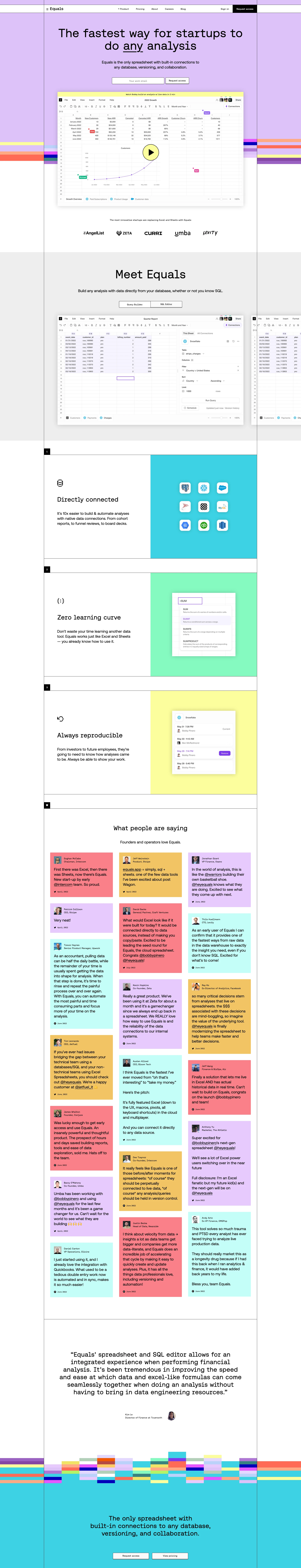 Equals Landing Page Example: Equals is the only spreadsheet with built-in connections to any database, versioning, and collaboration.