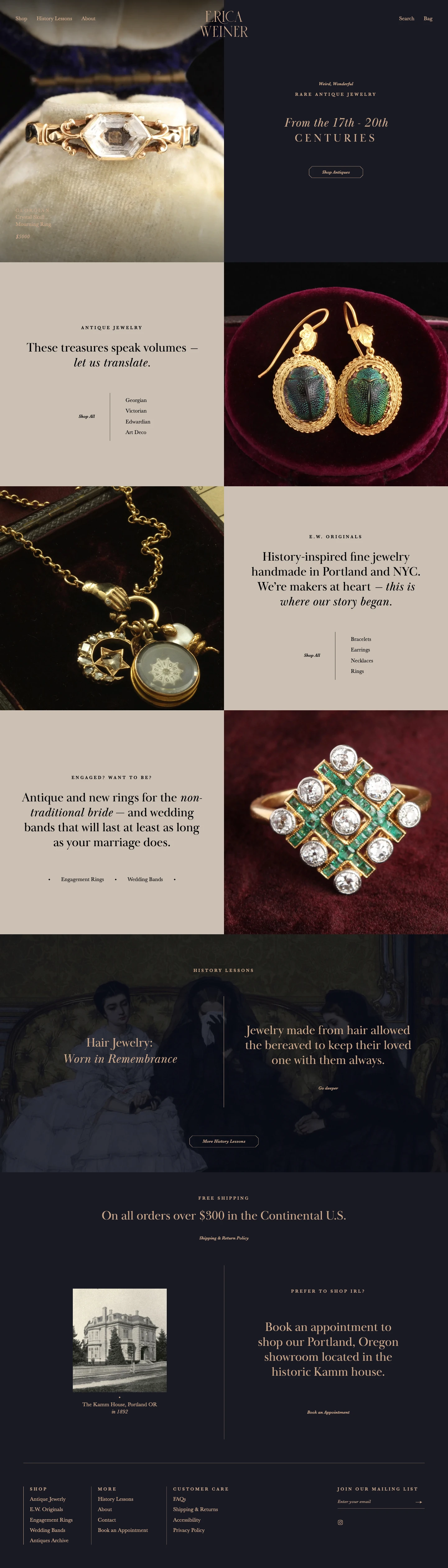Erica Weiner Landing Page Example: Our antique and handmade jewels have a weird, wonderful story to tell. History and humor infuse Erica's designs, which are always made with love.