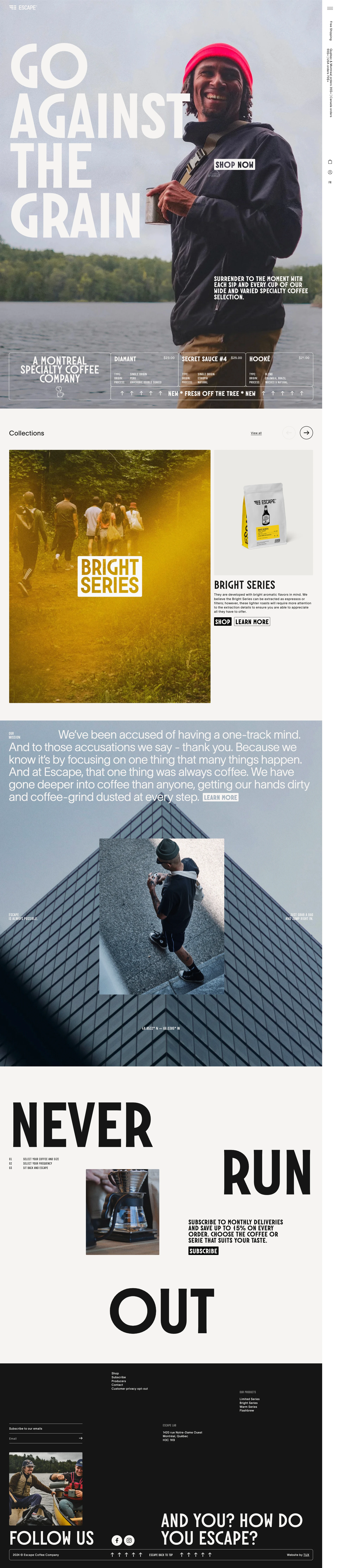 Escape Cafe Landing Page Example: And at Escape, that one thing was always coffee. That’s why we cross continents, explore different roasting techniques, flavours, infusions, sustainable practices. We work with local artists, hand-package our selections and deliver to distributors.