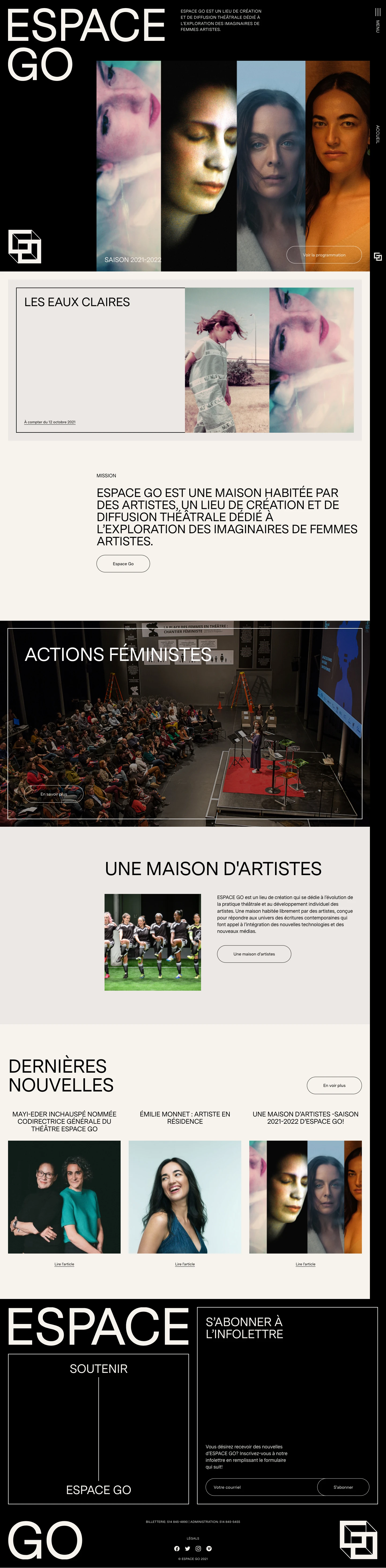 Espace Go Landing Page Example: ESPACE GO is a place of theatrical creation and dissemination dedicated to exploring the imaginations of women artists.