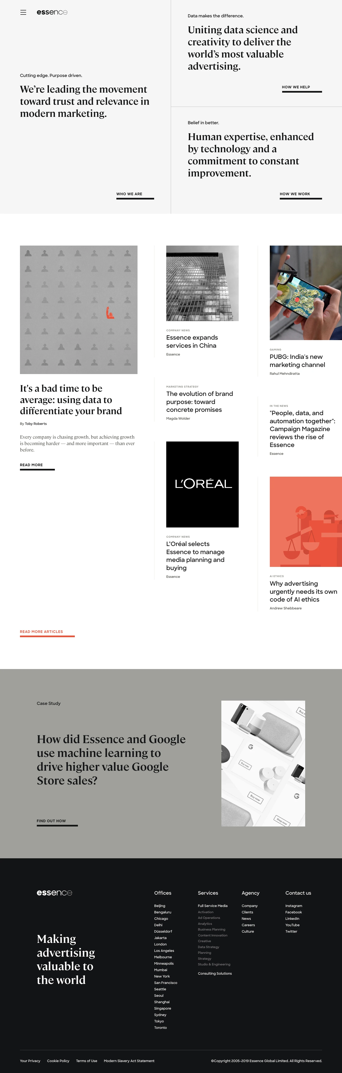 Essence Landing Page Example: Essence, part of GroupM, is a global data and measurement-driven agency whose mission is to make advertising more valuable to the world.