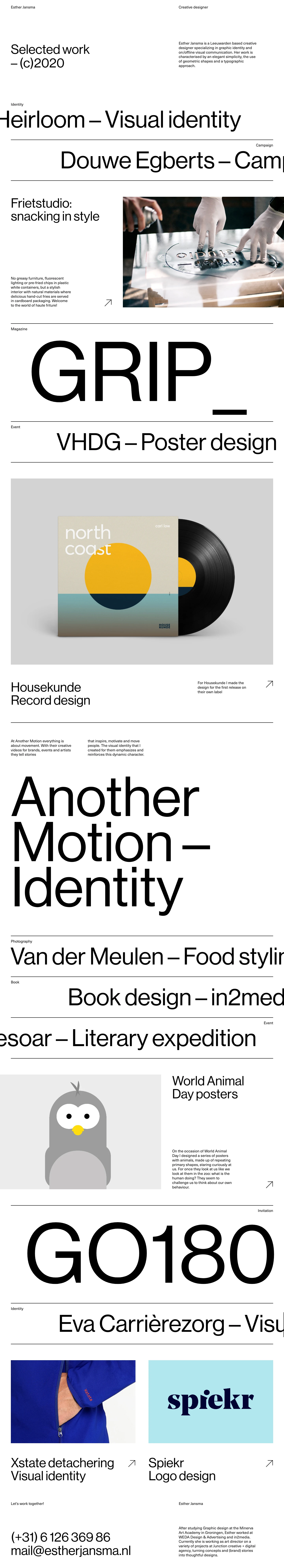 Esther Jansma Landing Page Example: Esther Jansma is a Leeuwarden based creative designer specializing in graphic identity and on/offline visual communication. Her work is characterised by an elegant simplicity, the use of geometric shapes and a typographic approach.