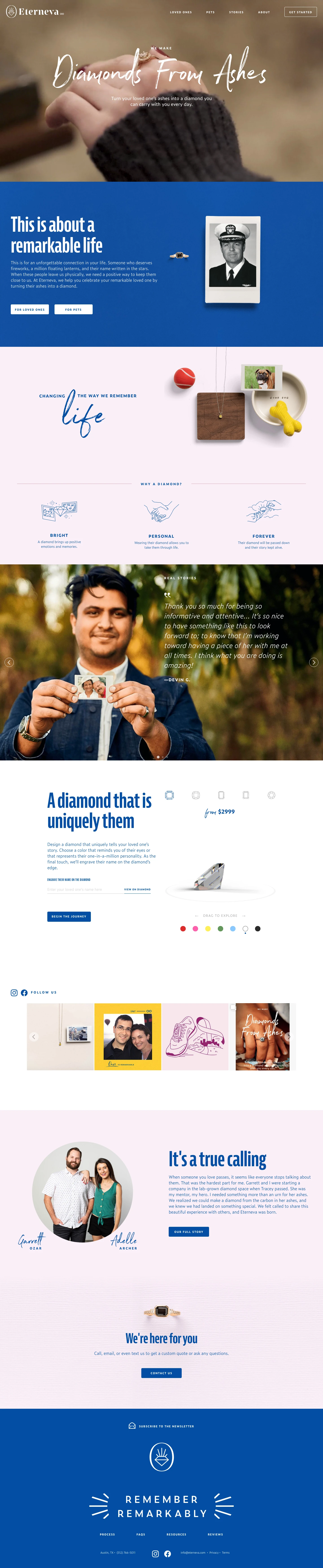 Eterneva Landing Page Example: We celebrate remarkable lives by making diamonds from ashes