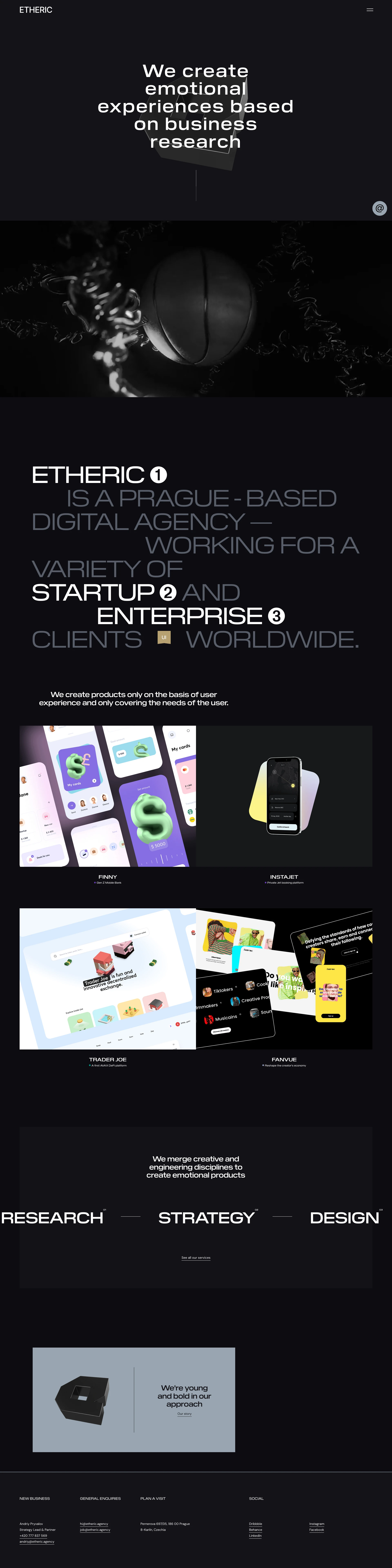 Etheric Landing Page Example: Etheric - is an award-winning Prague design & development collective focused on the creation of emotional experiences. We are partners not only in the team but also with our customers. Each project is led by a partner from start to finish, the work is not passed from hand to hand and is performed by the art director and senior-level designers & developers.