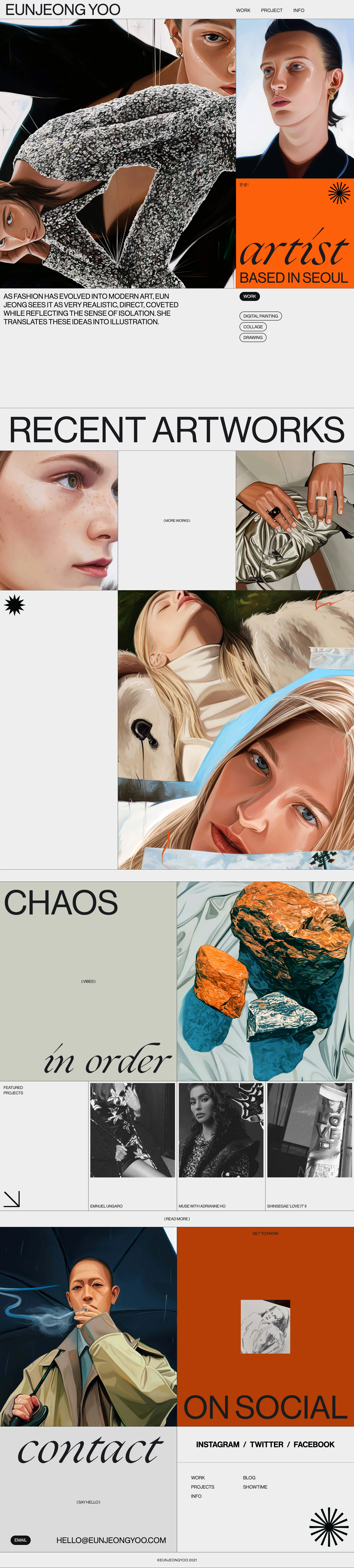 Eun Jeong Yoo Landing Page Example: Born and raised in Seoul, graduated in New York, Eun Jeong Yoo is a working artist and illustrator. Influenced by fine art and fashion, she creates \"beautiful chaos\" in her own interpretation through digital painting, collage and drawing. She focuses on finding harmony between disorder and control. She has collaborated with brands like Emanuel Ungaro, Samsung and many more on creating artwork for campaign and clothing.