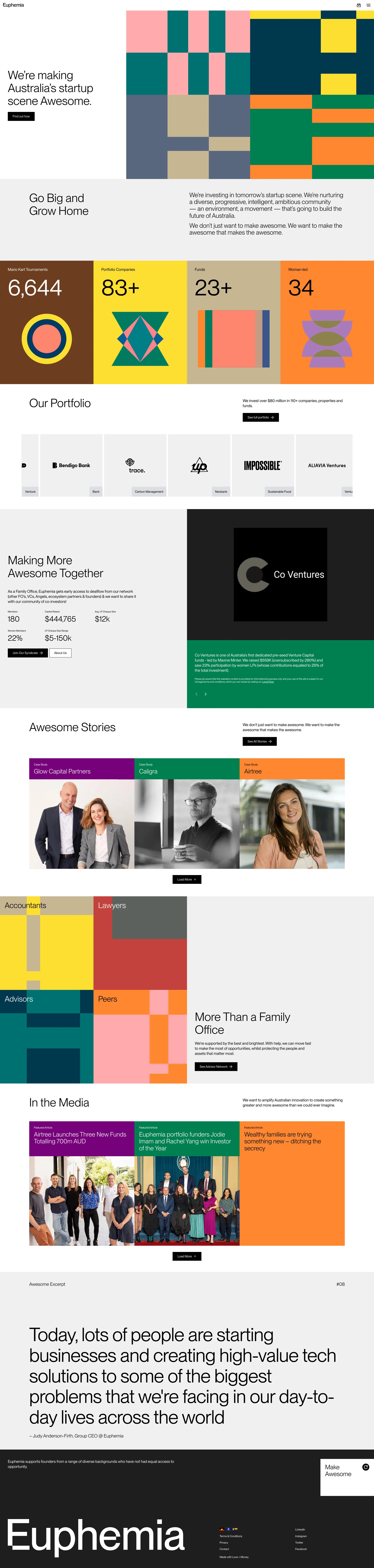Euphemia Landing Page Example: Euphemia is investing in tomorrow’s startup scene. We’re founding a diverse, progressive, intelligent, ambitious community that’s going to build the future of Australia.