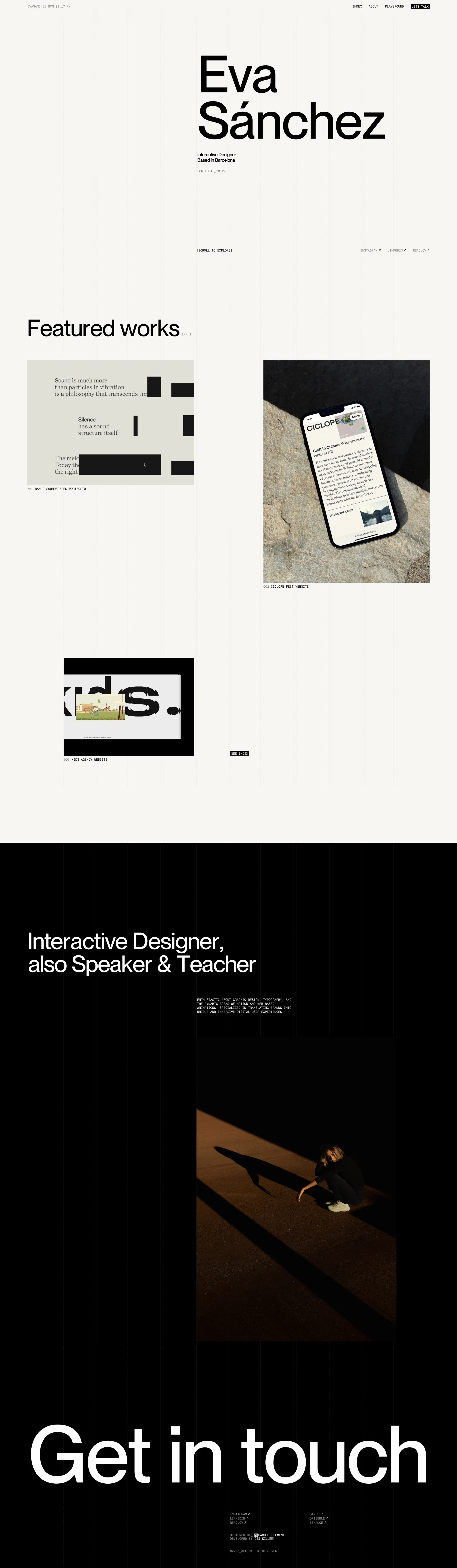 Eva Sánchez Landing Page Example: Enthusiastic about graphic design, typography, and the dynamic areas of motion and web-based animations. Specialized in translating brands into unique and immersive digital user experiences.