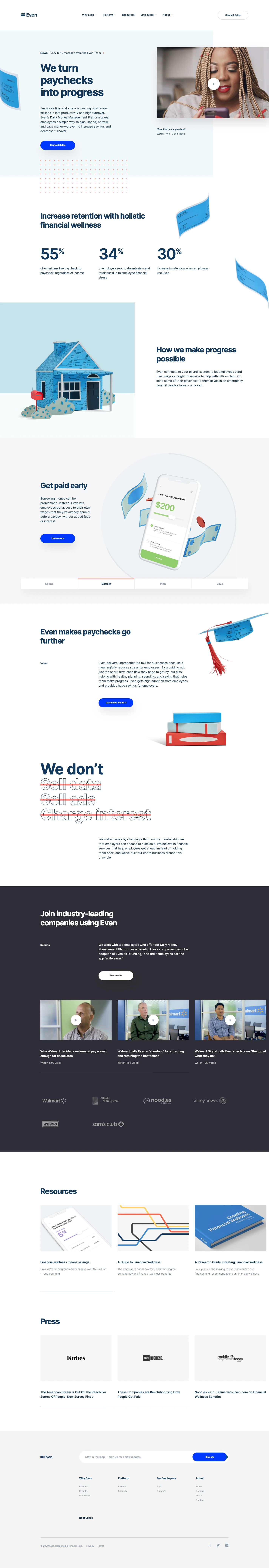 Even Landing Page Example: Employee financial stress is costing businesses millions in lost productivity and high turnover. Even’s Daily Money Management Platform gives employees a simple way to plan, spend, borrow, and save money—proven to increase savings and decrease turnover.
