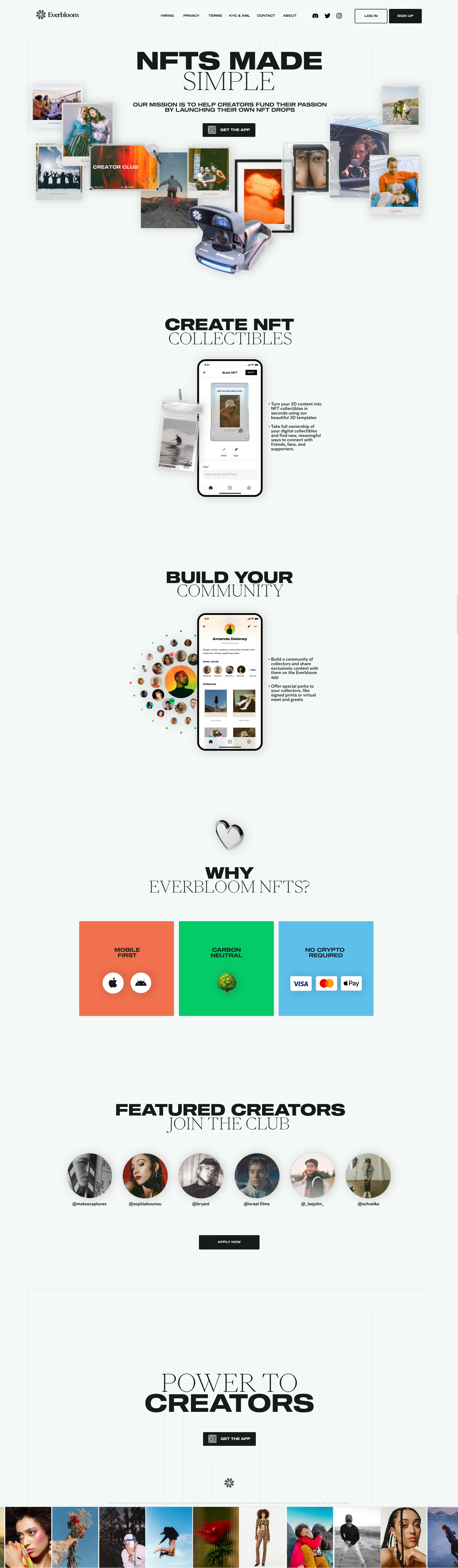 Everbloom App Landing Page Example: Everbloom is a mobile first, one-stop shop to create, collect, and monetize with NFTs. Create NFTs from your camera roll in less than 60 seconds.