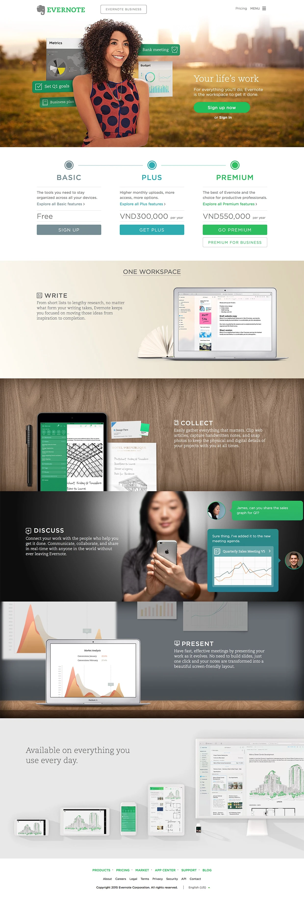 Evernote Landing Page Example: Bring your life's work together in one digital workspace. Evernote is the place to collect inspirational ideas, write meaningful words, and move your important projects forward.