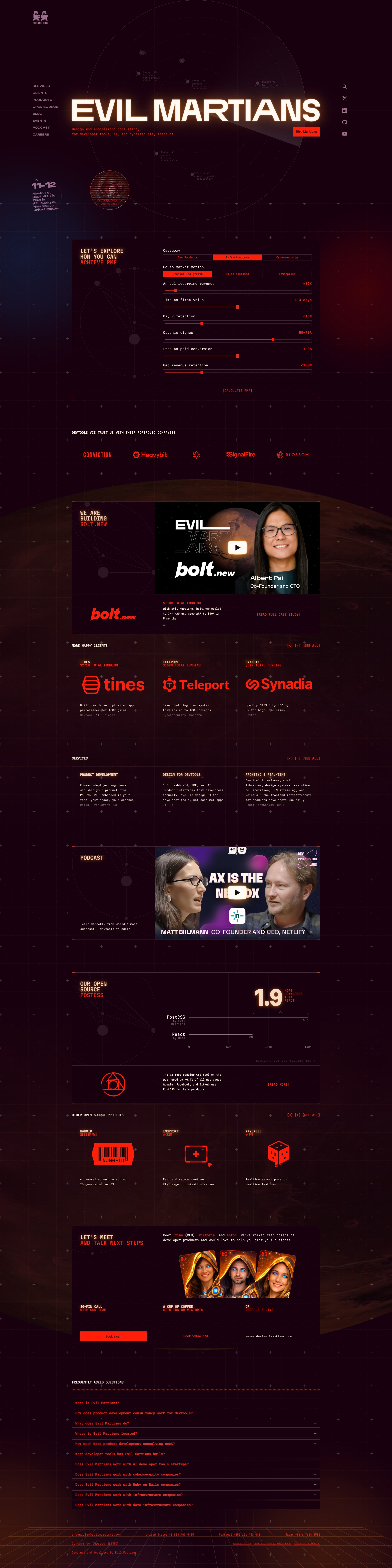 Evil Martians Landing Page Example: Evil Martians is a developer tools consultancy that helps startups build AI agents, AI-native products, scale infrastructure, and reach product-market fit.
