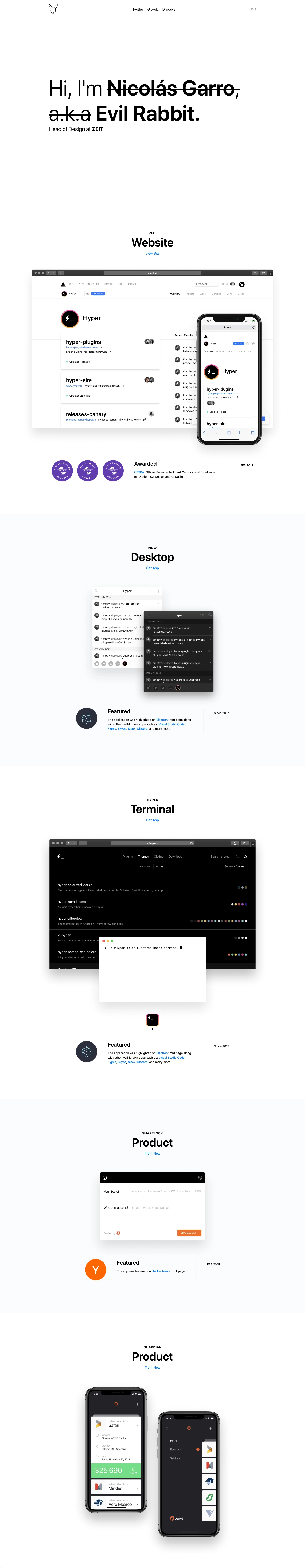 Evil Rabbit Landing Page Example: I'm Nicolás Garro, a.k.a Evil Rabbit. Head of Design at ZEIT