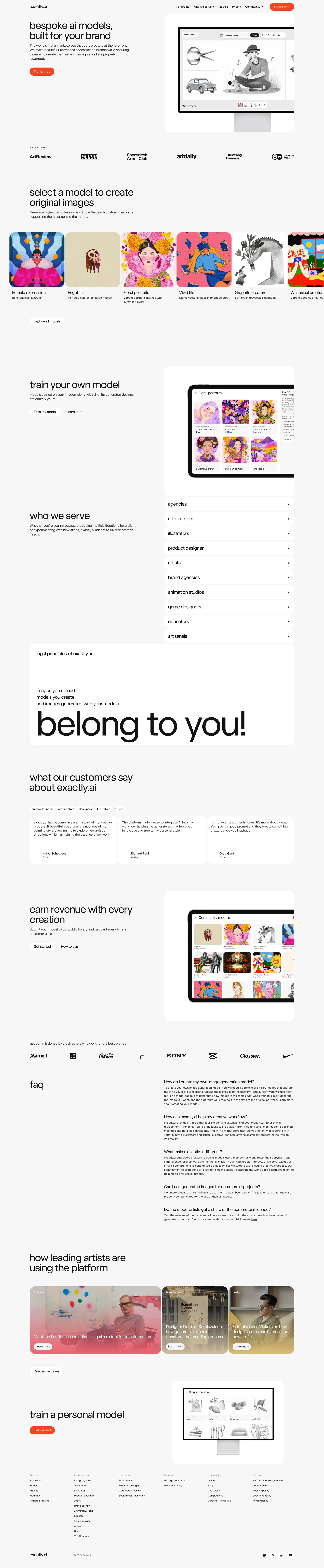 exactly.ai Landing Page Example: The world’s first ai marketplace that puts creators at the forefront. We make beautiful illustrations accessible to brands while ensuring those who create them retain their rights and are properly rewarded.