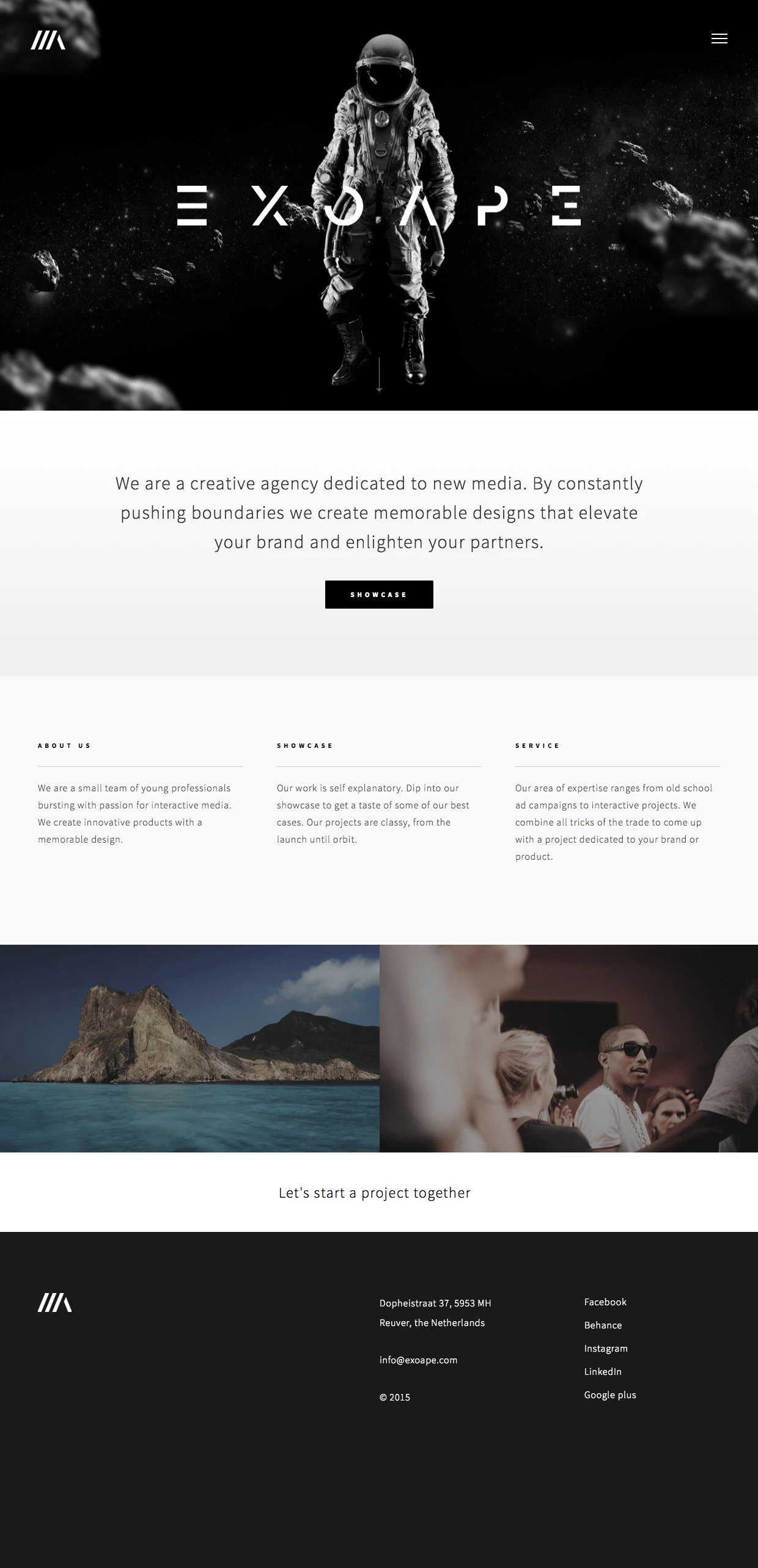 Exo Ape Landing Page Example: By constantly pushing boundaries we create memorable designs that elevate your brand and enlighten your partners.