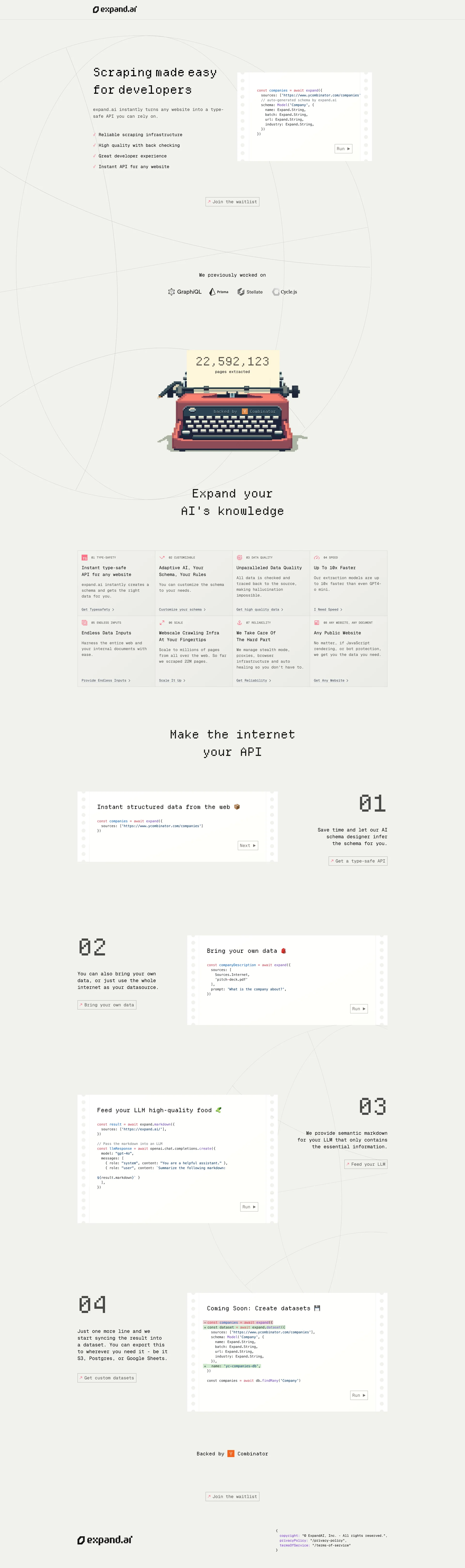 expand.ai Landing Page Example: Scraping made easy for developers. expand.ai instantly turns any website into a type-safe API you can rely on.