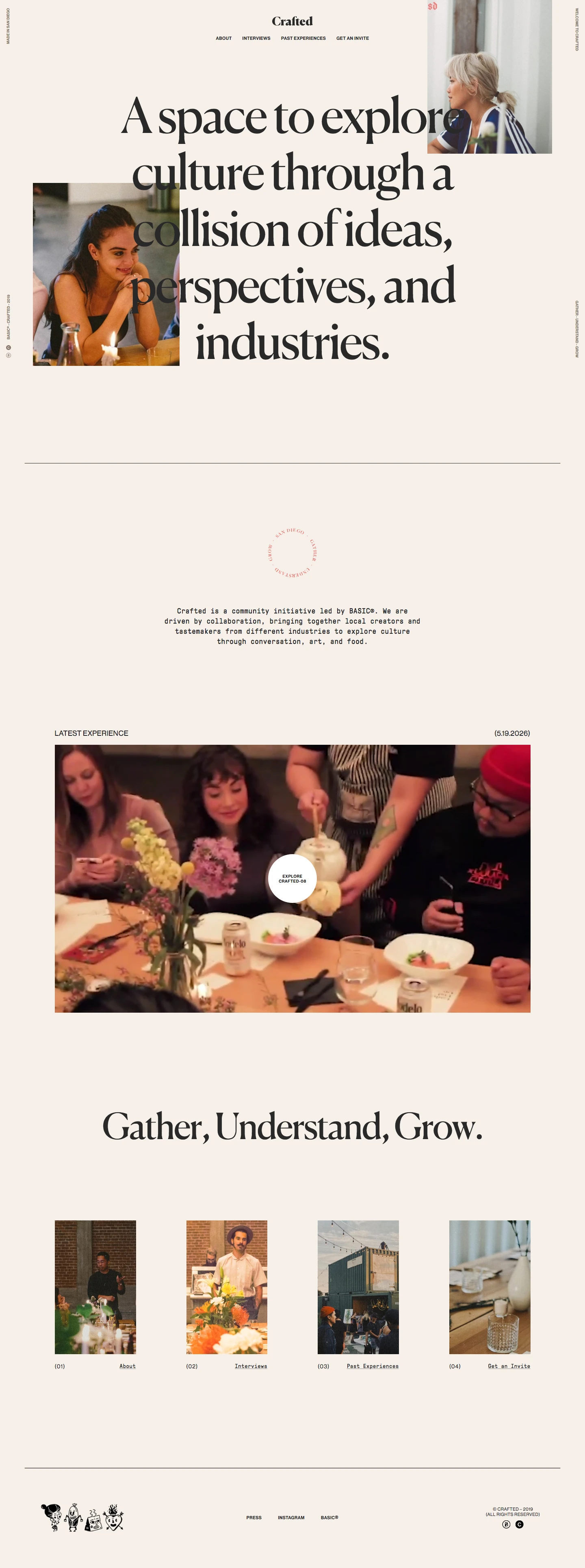 Crafted Landing Page Example: Crafted is a community initiative led by BASIC®. We are driven by collaboration, bringing together local creators and tastemakers from different industries to explore culture through conversation, art, and food.