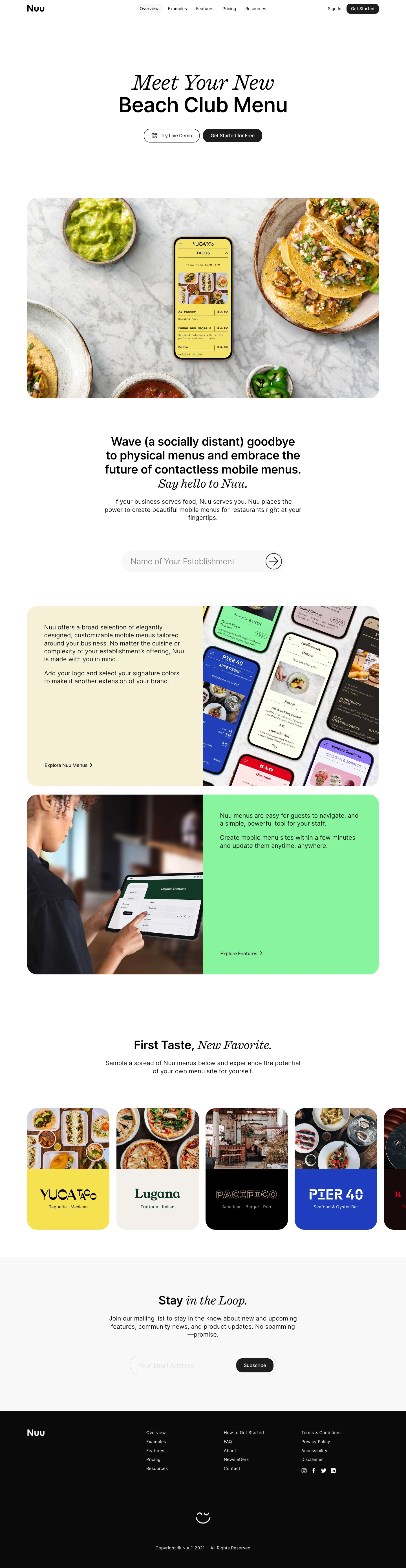 Nuu Landing Page Example: Create contactless mobile menus for your restaurant with Nuu. Nuu offers a broad selection of elegantly designed, customizable mobile menus tailored around your business. No matter the cuisine or complexity of your establishment’s offering, Nuu is made with you in mind. Add your logo and select your signature colors to make it another extension of your brand.